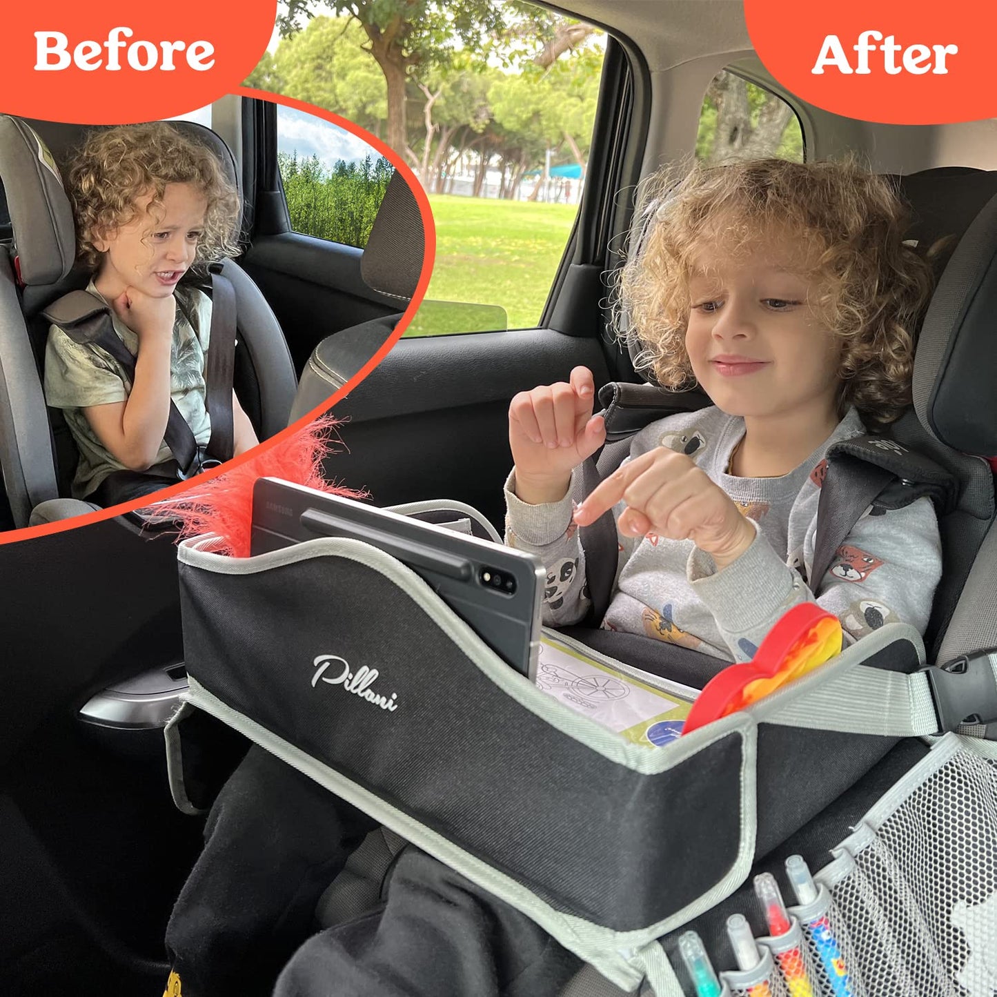 PILLANI Kids Travel Tray for Car - Carseat Tray w/iPad Holder & Dry Erase Board, Road Trip Essentials - Toddler Lap Desk Organizer for Airplane - Roadtrip Activities & Travel Essentials - Pack of 2
