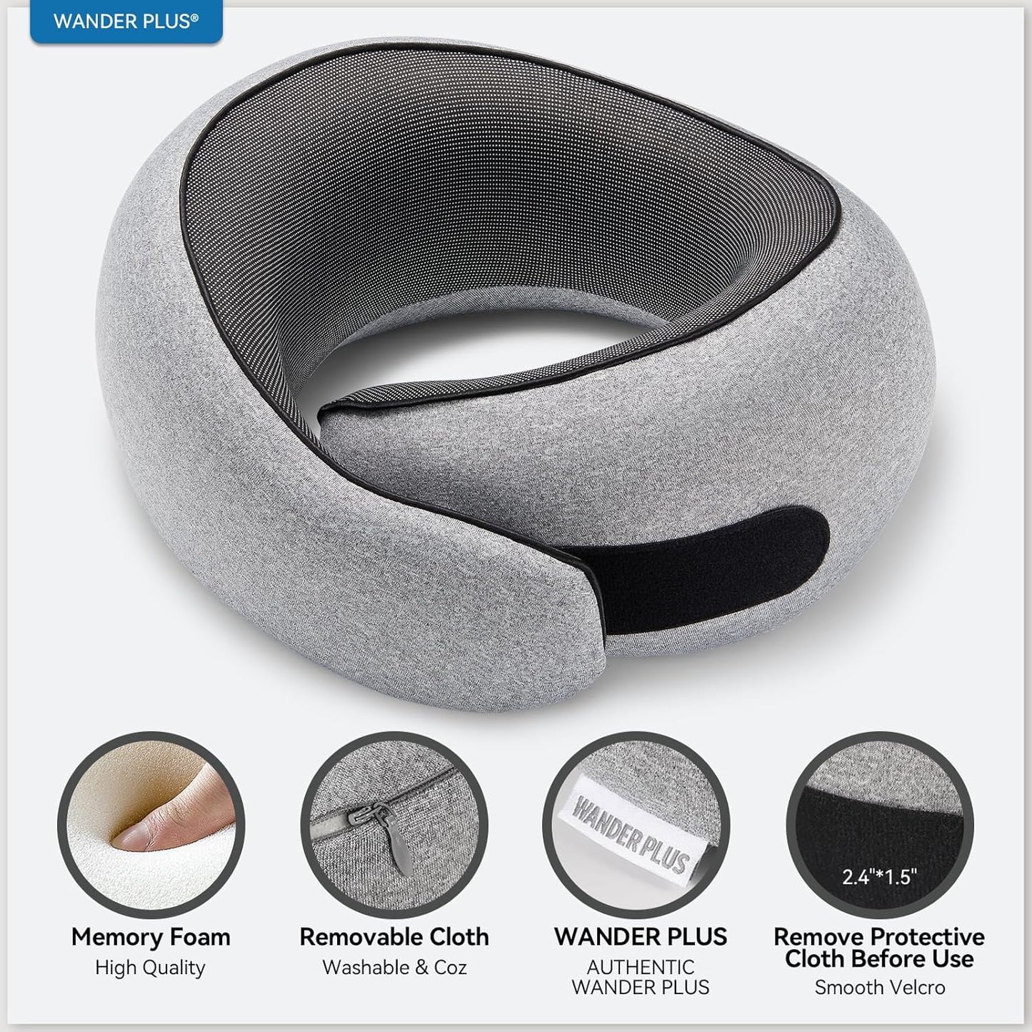 WANDER PLUS® Travel Pillow, 100% Pure Memory Foam Travel Neck Pillow Airplane Neck Support Ergonomic Design Best for Sleeping Plane Car Train Office Flight for Adults Grey