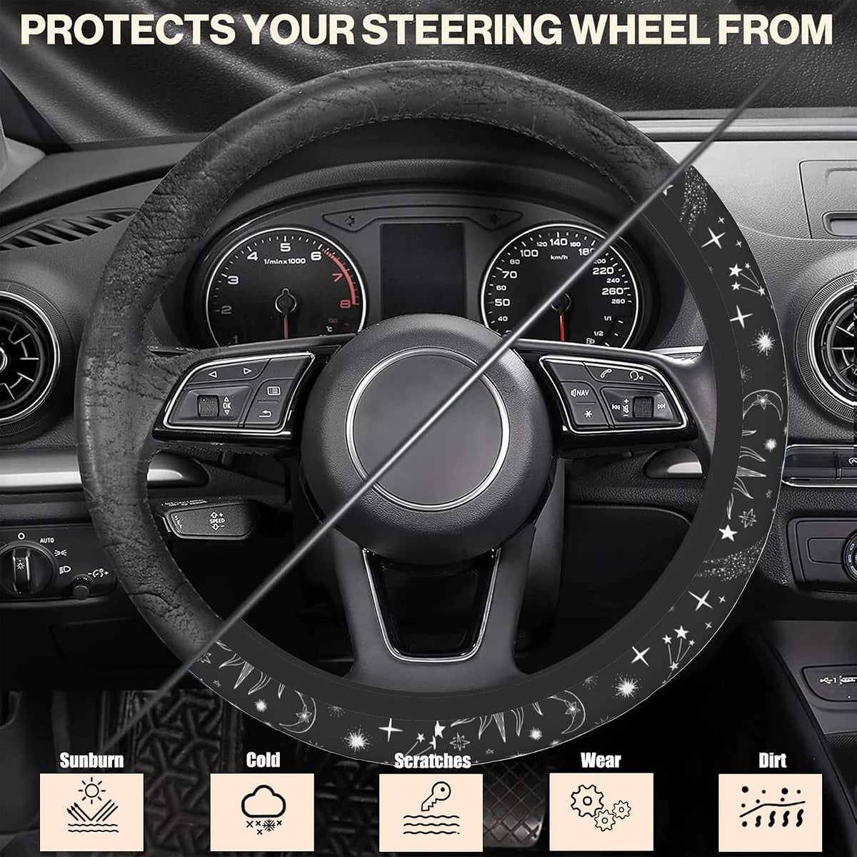 Sun Moon and Steering Wheel Cover, Stars Constellation Elastic Non-Slip Steering Wheel Protector,Auto Interior Decor for Women Girls,Universal 15" Fit for Sedans,Trucks