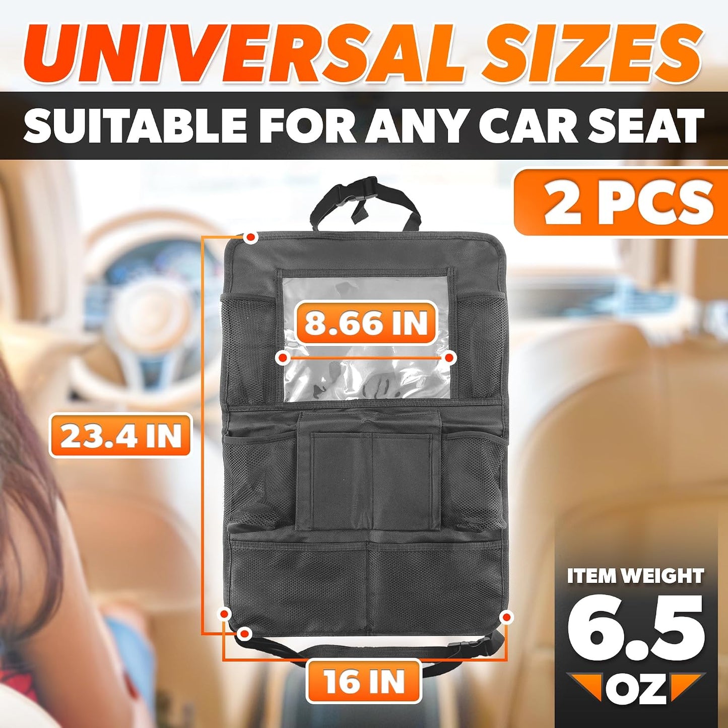 2 Pcs Backseat Car Organizer - Travel-Ready 23.4x16" Back Seat Car Organizer with 9 Large Pockets and Clear Tablet Holder, Made from Polyester with Adjustable Straps - Easy to Attach and Clean