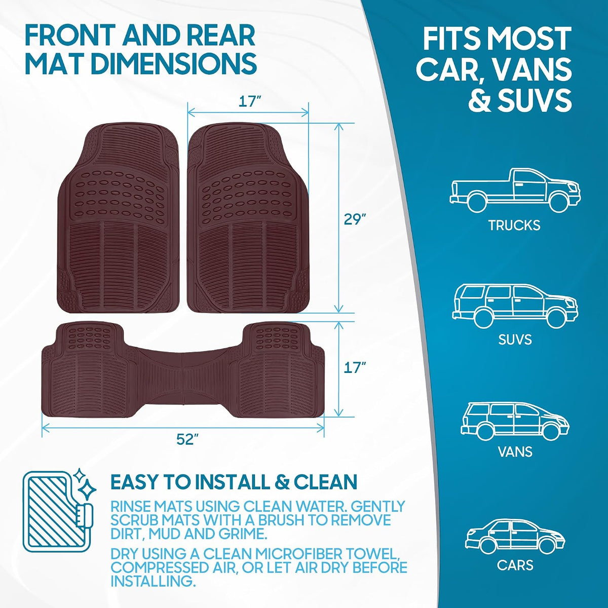 BDK ProLiner Car Floor Mats for Cars Trucks SUV 3pc All-Weather Burgundy