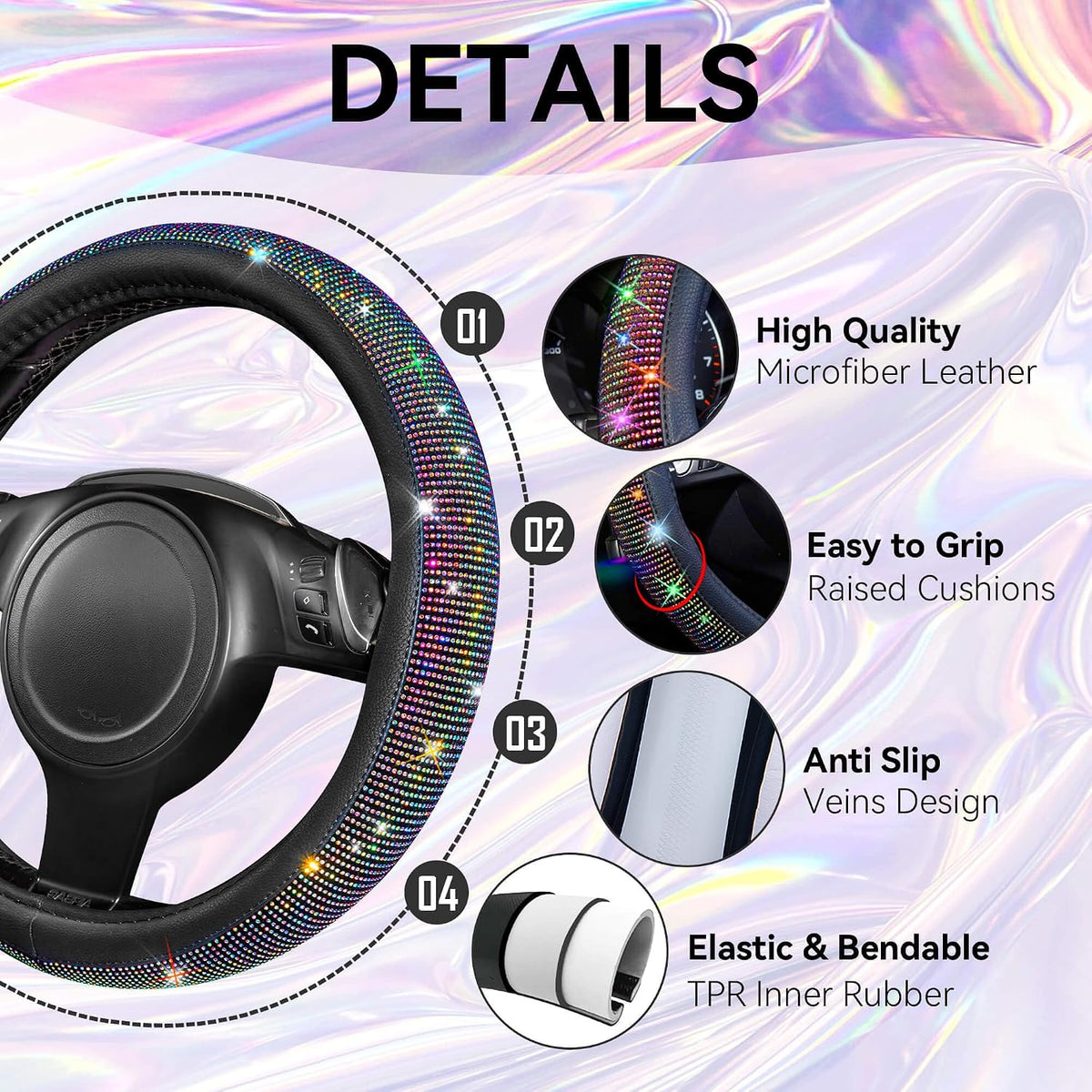 CAR PASS Bling Diamond Leather Steering Wheel Cover 14.5in-15in Floor Mats Shining Rhinestone Carpet Sparkly Glitter Crystal Anti-Slip Pad Fit Automotive SUV Pickup Truck Girl Women, 5pcs Multicolor