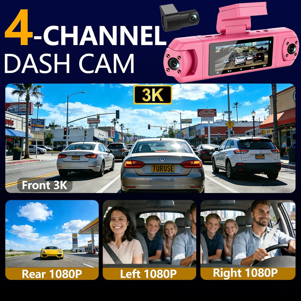4 Channel Dash Cam,360 Degree, Front and Rear Inside Dash Cam for Cars, APP Control, Built-in WiFi,8 IR Night Vision, Parking Mode, Loop Recording, Fre 64G SD Card, Voice Control,3K+1080P x3