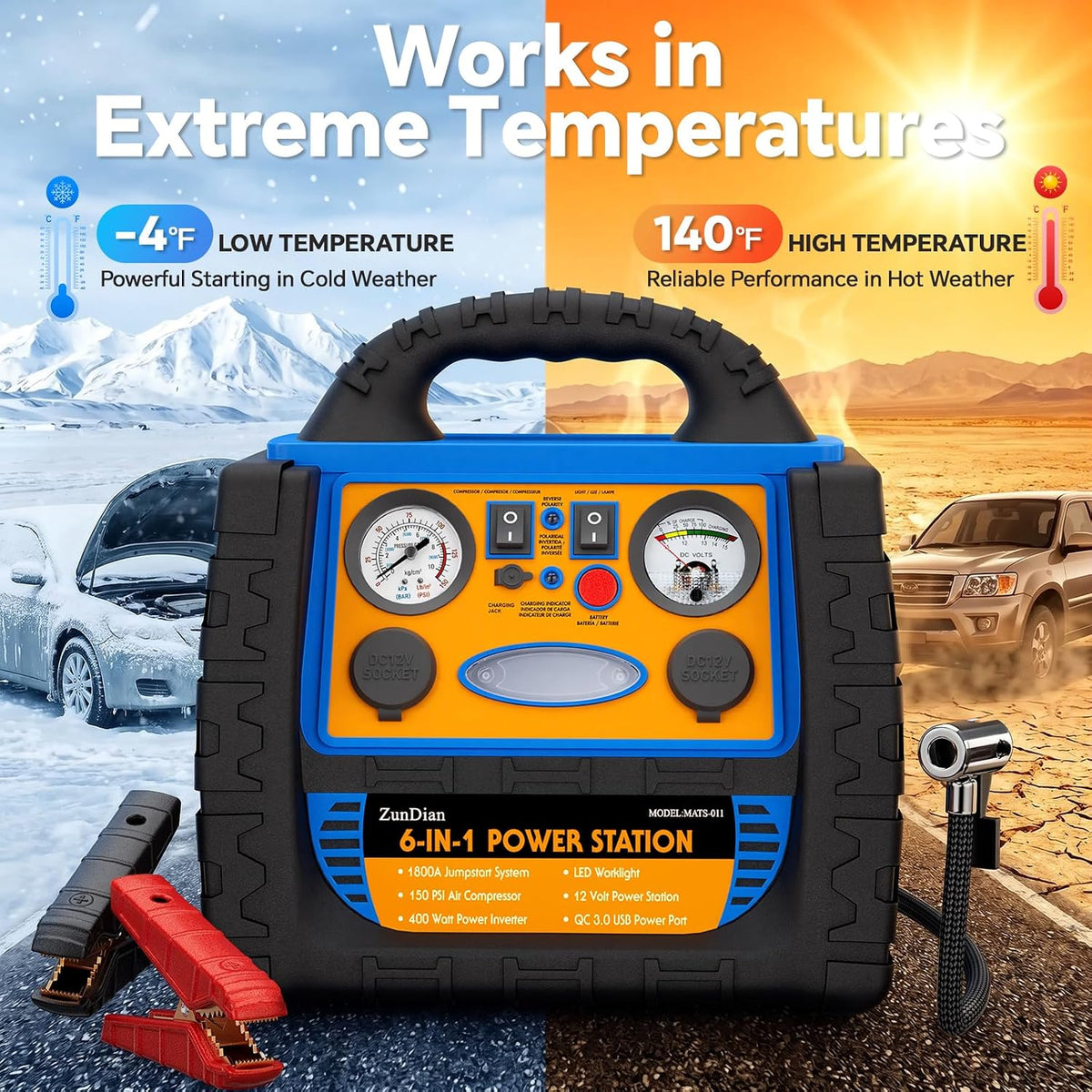 Car Jump Starter with Air Compressor, 1800A Battery Booster Pack for Up to 8.0L Gas & 6.0L Diesel, 150PSI Tire Inflator, 400W Portable Power Station with AC Outlet, 6-in-1 Jump Box for Cars, Trucks