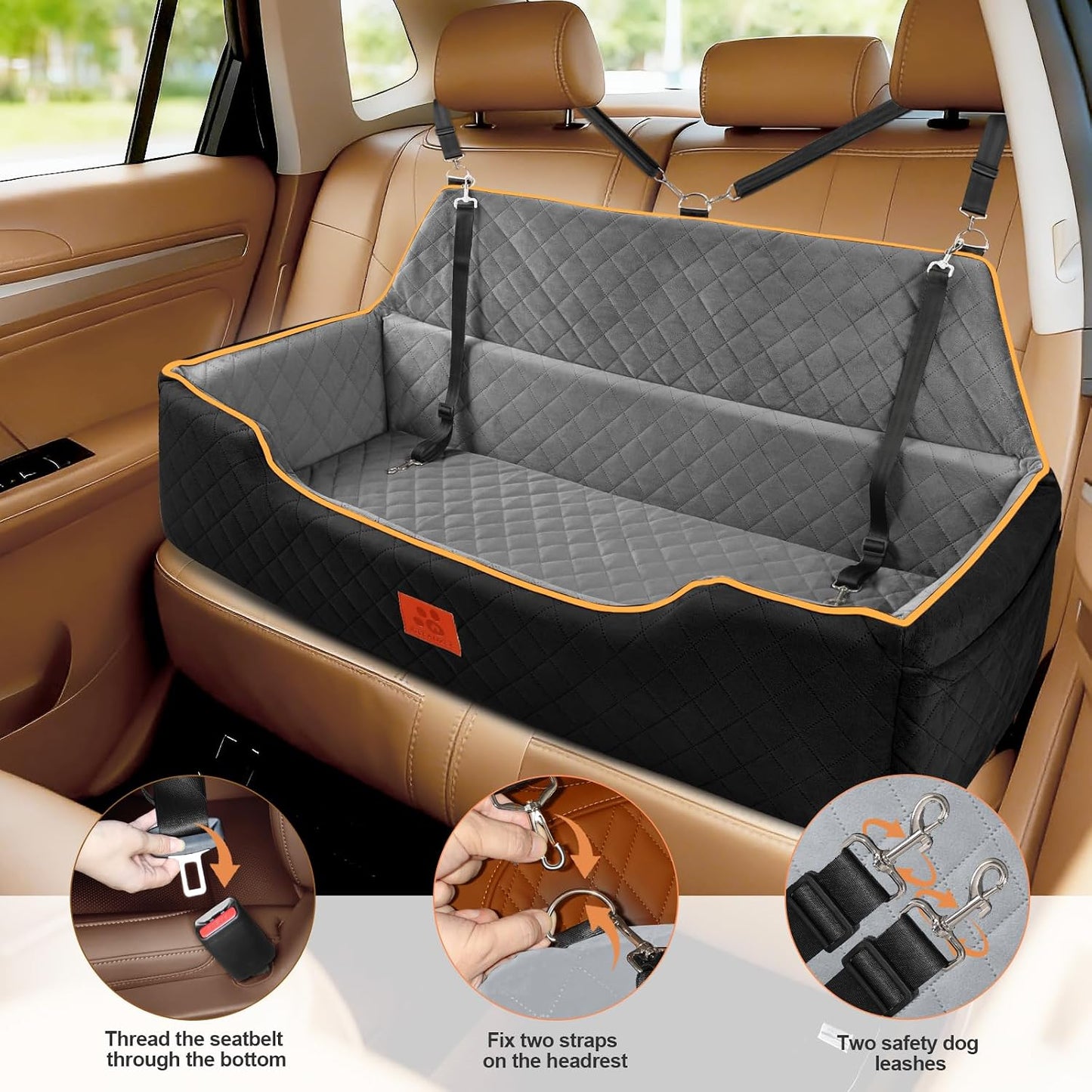 XIEEAOZEE Large Dog Car Seat, Memory Foam Dog Car Bed for Backseat & Trunk, Washable Pet Booster Seat Under 100 lbs or 2 Medium Dogs, Pet Travel Seat with Storage Pockets, 2 Safety Belts