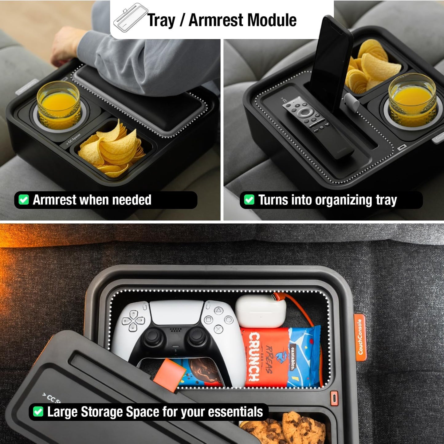 CouchConsole Original Tray - Drinks & Snacks Sofa Caddy with Armrest, Table with Phone Stand- TV Remote Control Storage and Organizer - for Living Rooms, RV, and Cars, Black/Green