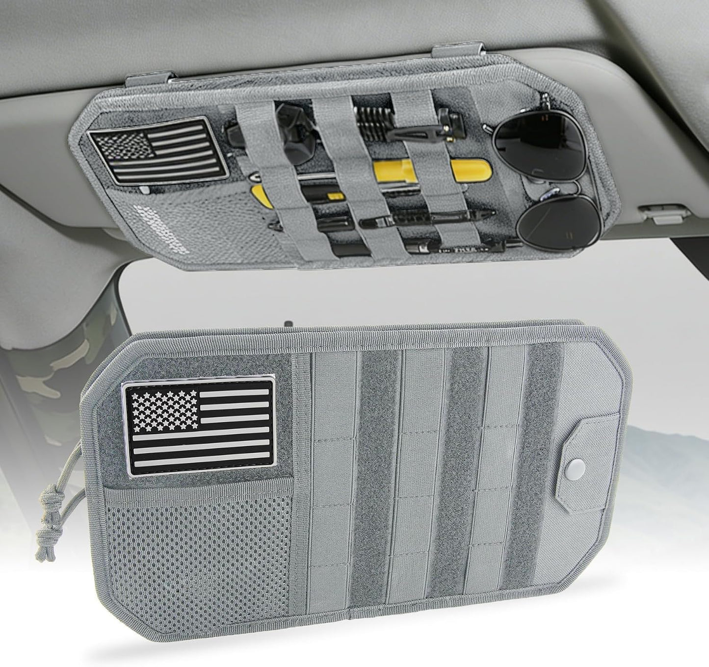 Car Sun Visor Organizer, Tactical Molle Panel Visor Storage Organizer with Sunglasses Holder for Police Gear & Overland Accessories, Universal Fit for Trucks, SUVs, Jeeps & Patrols, Grey