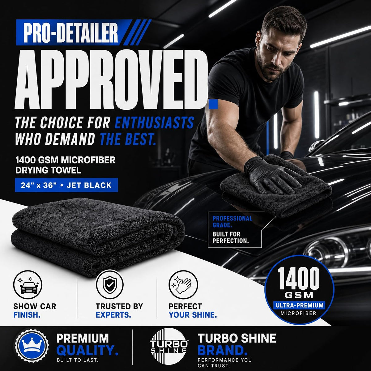 1400 GSM Microfiber Car Drying Towel, Twisted Loop, Streak-Free, Lint-Free, 24x36 Inch Ultra Premium Car Wash Towel (1, Jet Black, 24" x 36")