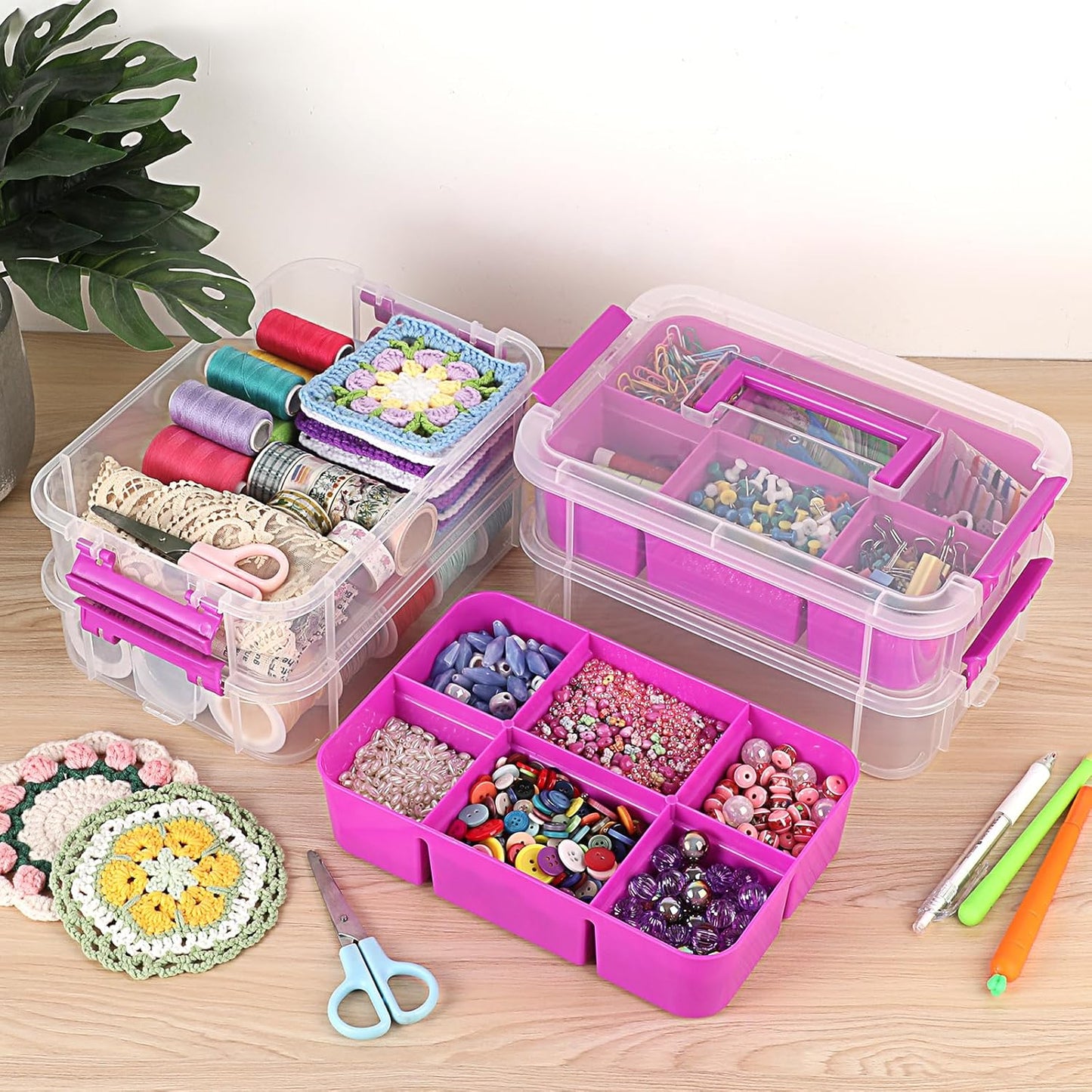 JUXYES 4-Tiers Stack Carry Storage Box Clear Storage Bin Container, Purple | 2 Divided Tray, Transparent Stackable, Handle Lid Latching, School & Office Supplies