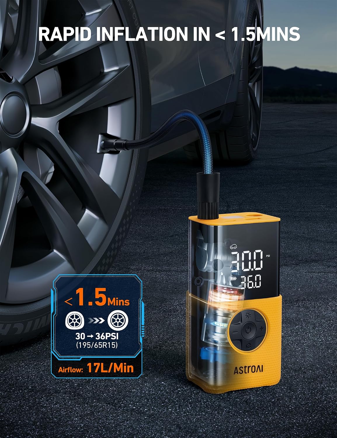 AstroAI L7S Tire Inflator Portable Air Compressor Cordless with Digital Pressure Gauge, 150 PSI LED Light Bike Air Pump with Fast Inflation & Auto Shut-Off for Car Tires,Motorcycles,Bikes,Balls,Yellow