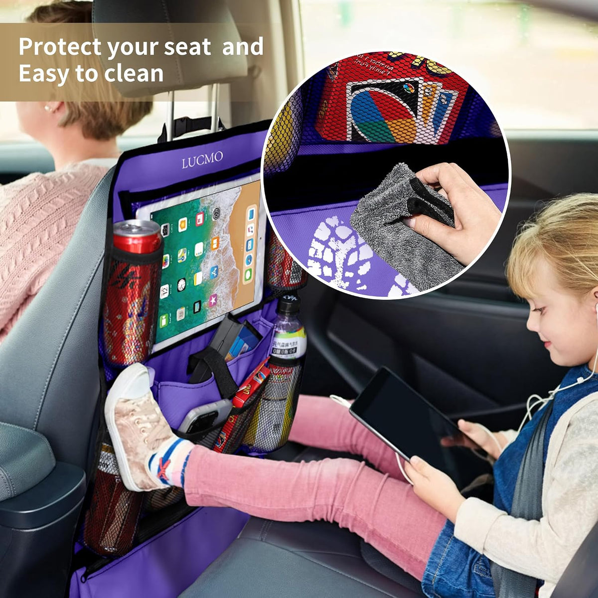LUCMO Car Backseat Organizer with Touch Screen Tablet Holder, Dark Purple