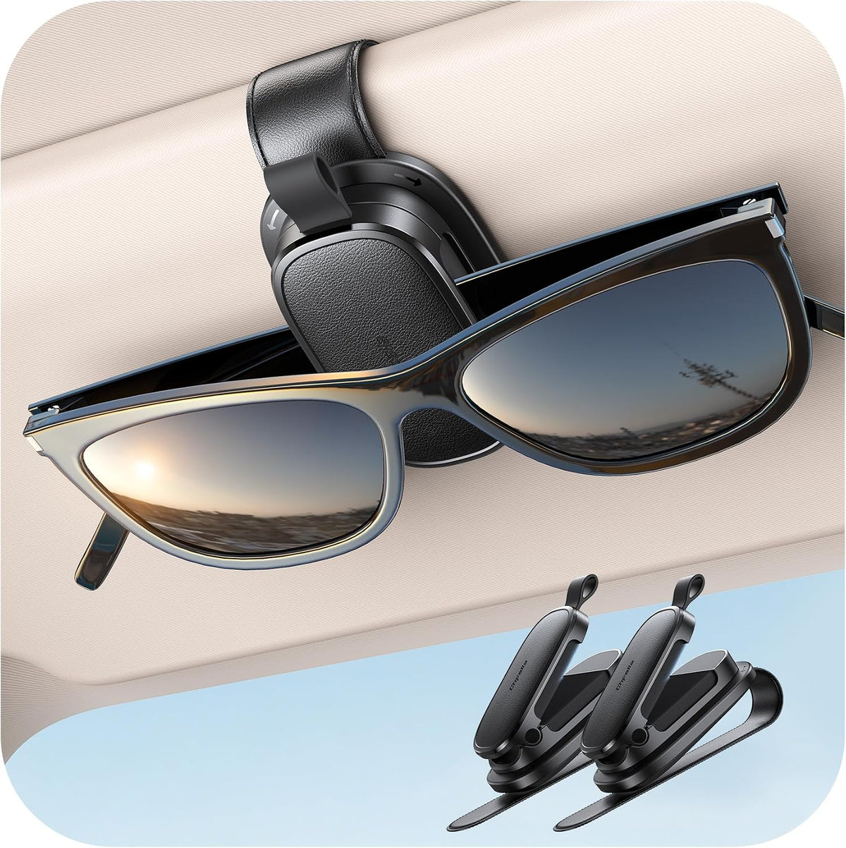 Chfeila 2Pack Sunglass Holder for Car, 360° Rotating & One-Hand Operation Magnetic Glasses Clip, Leather Sun Eyeglass Visor Organizer, Scratch-Free Eyewear Hanger for Car Accessories Gadgets - Black
