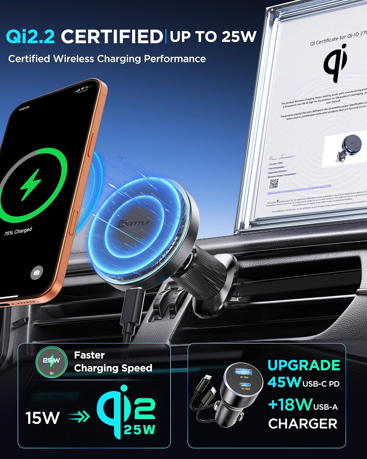 MSXTTLY Qi2.2 25W Certified for Mag Safe Car Mount Charger,Car Vent Charger