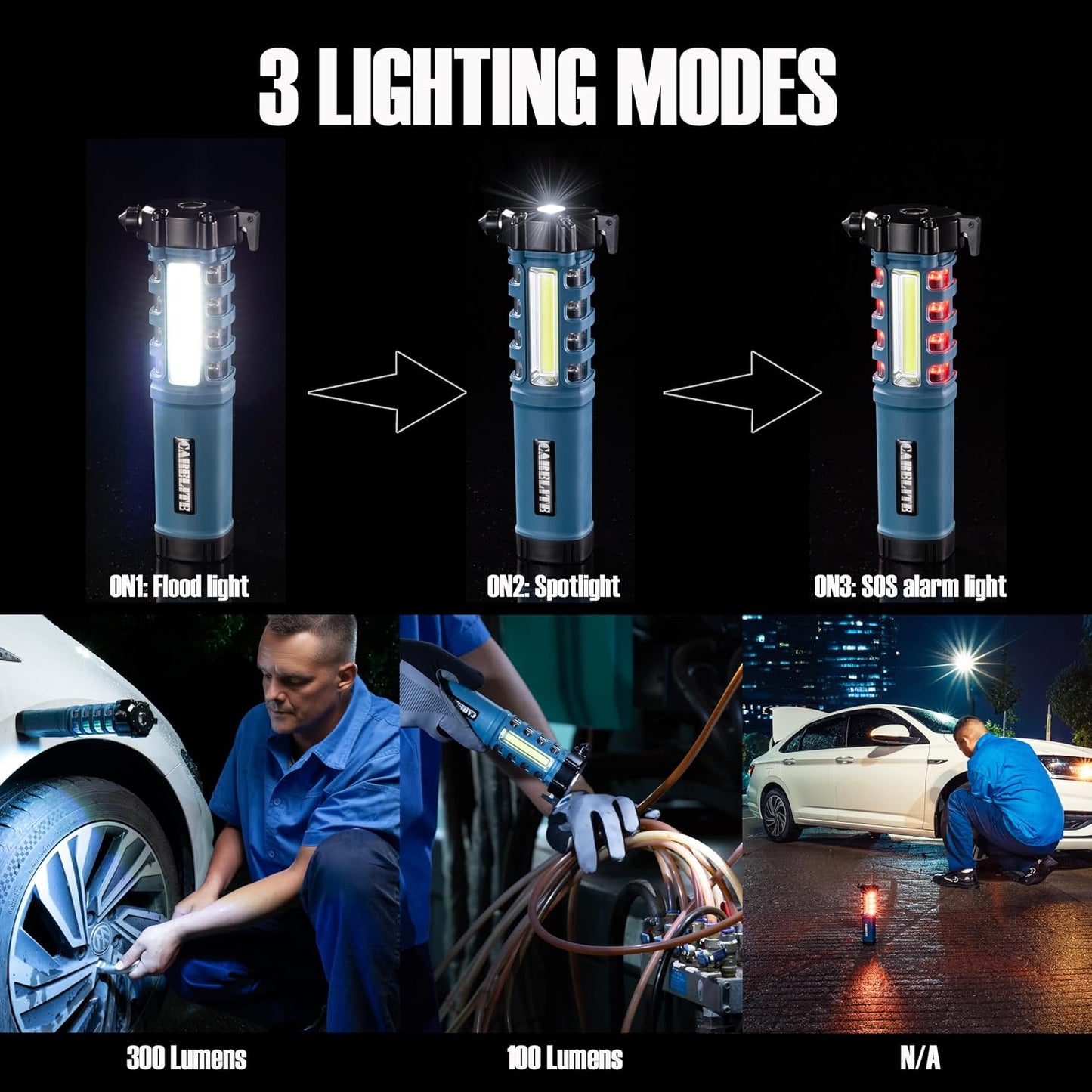 Emergency Car Flashlight with Seatbelt Cutter and Window Breaker, LED Work Light & Flash Beacon, Life-Saving Car Escape Tool for Roadside Safety (Blue)