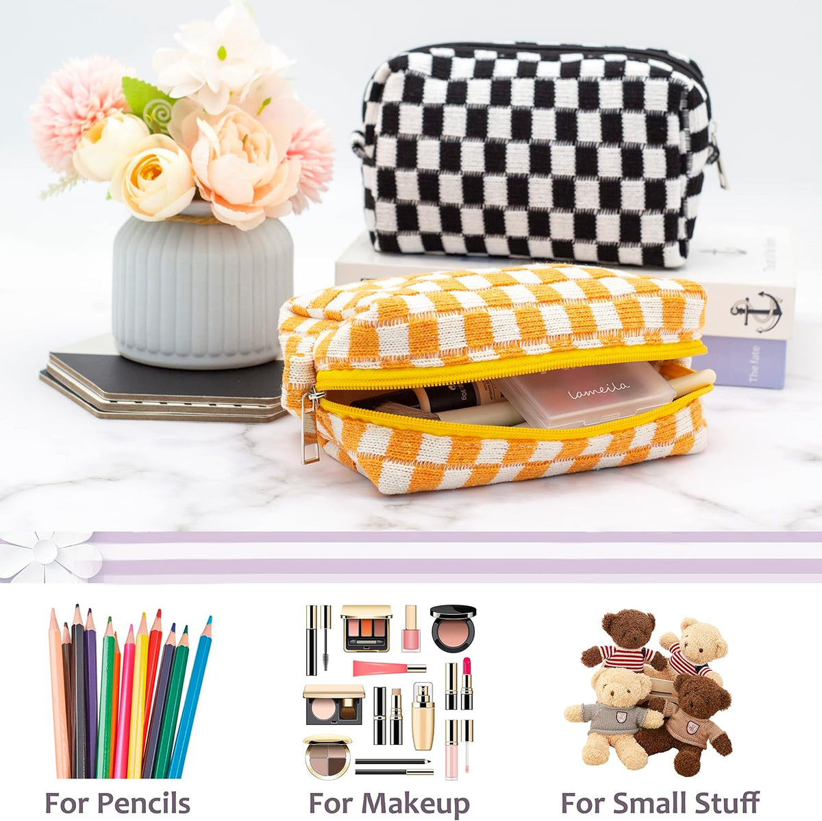 Checkered Makeup Bag for Purse, Small Travel Cosmetic Pouch,Orange,6 Pack