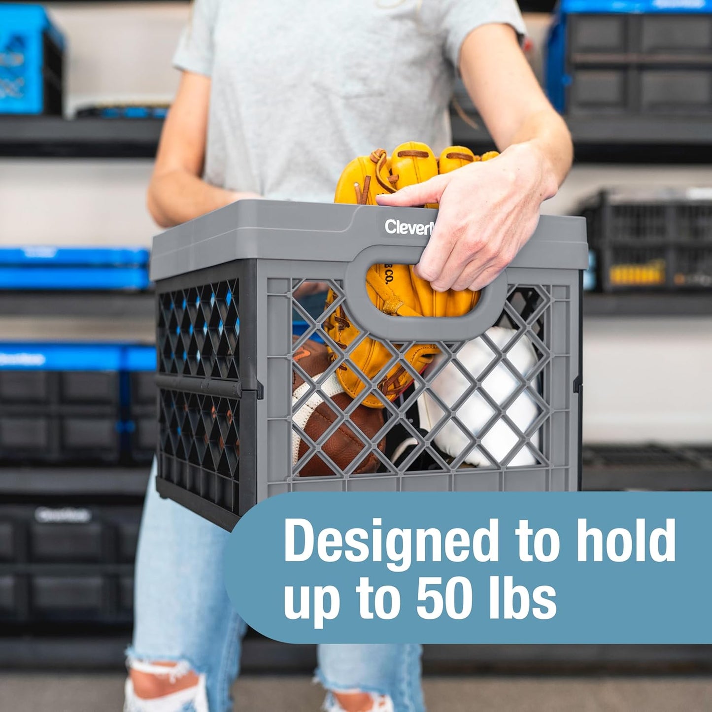 CleverMade Heavy Duty Collapsible Milk Crate, 25L, 6.6 Gal, 50 lb, Red | Stackable plastic storage crate with file rails for hanging folders and organizes garages, classrooms, offices and car trunks