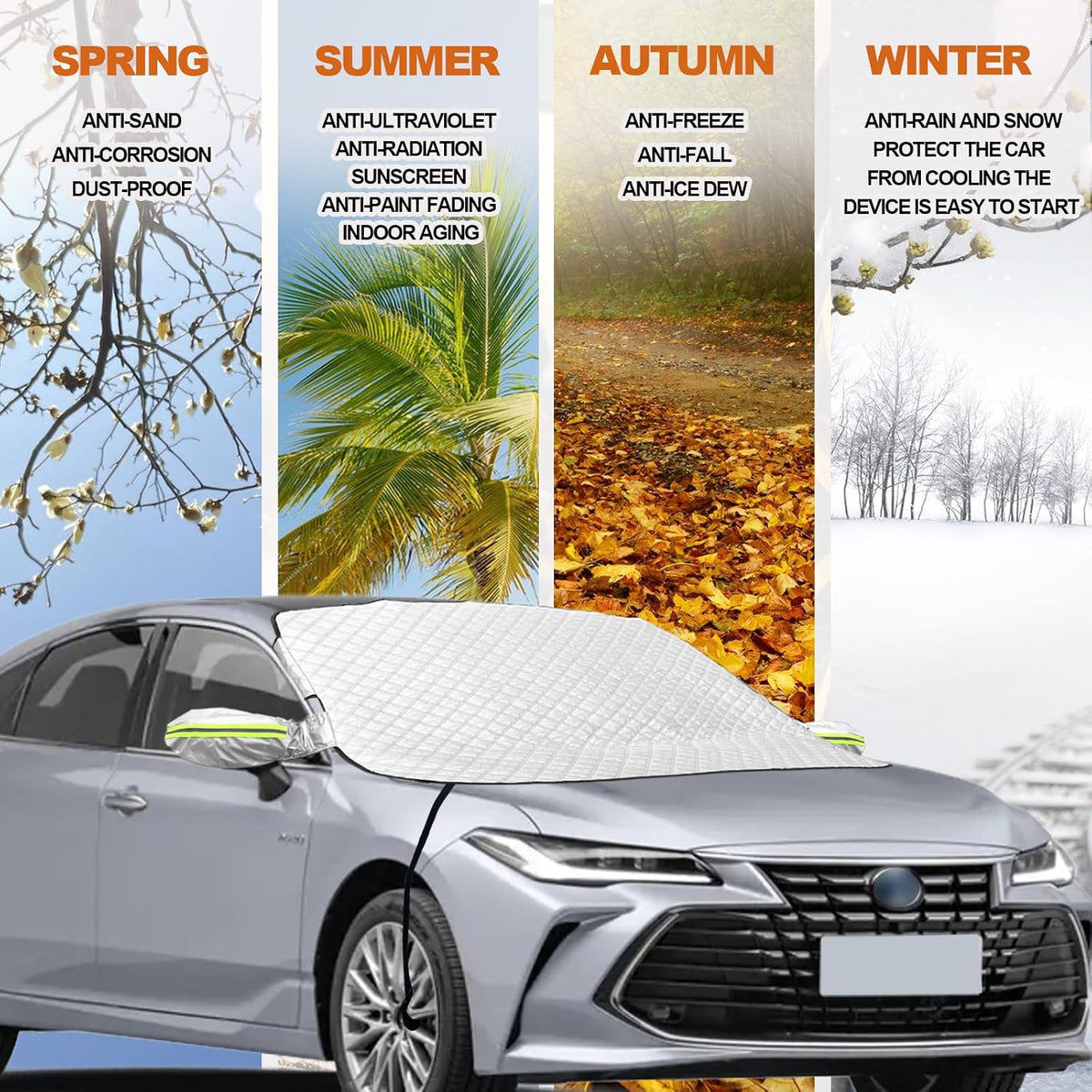 Car Windshield Snow Cover with Side Mirror and Hook, Winter Magnetic Windshield Sun Shade Foldable, Windshield Cover for Ice and Snow, Fit for Small Sedan, Compact SUV, (58"x47") Silver