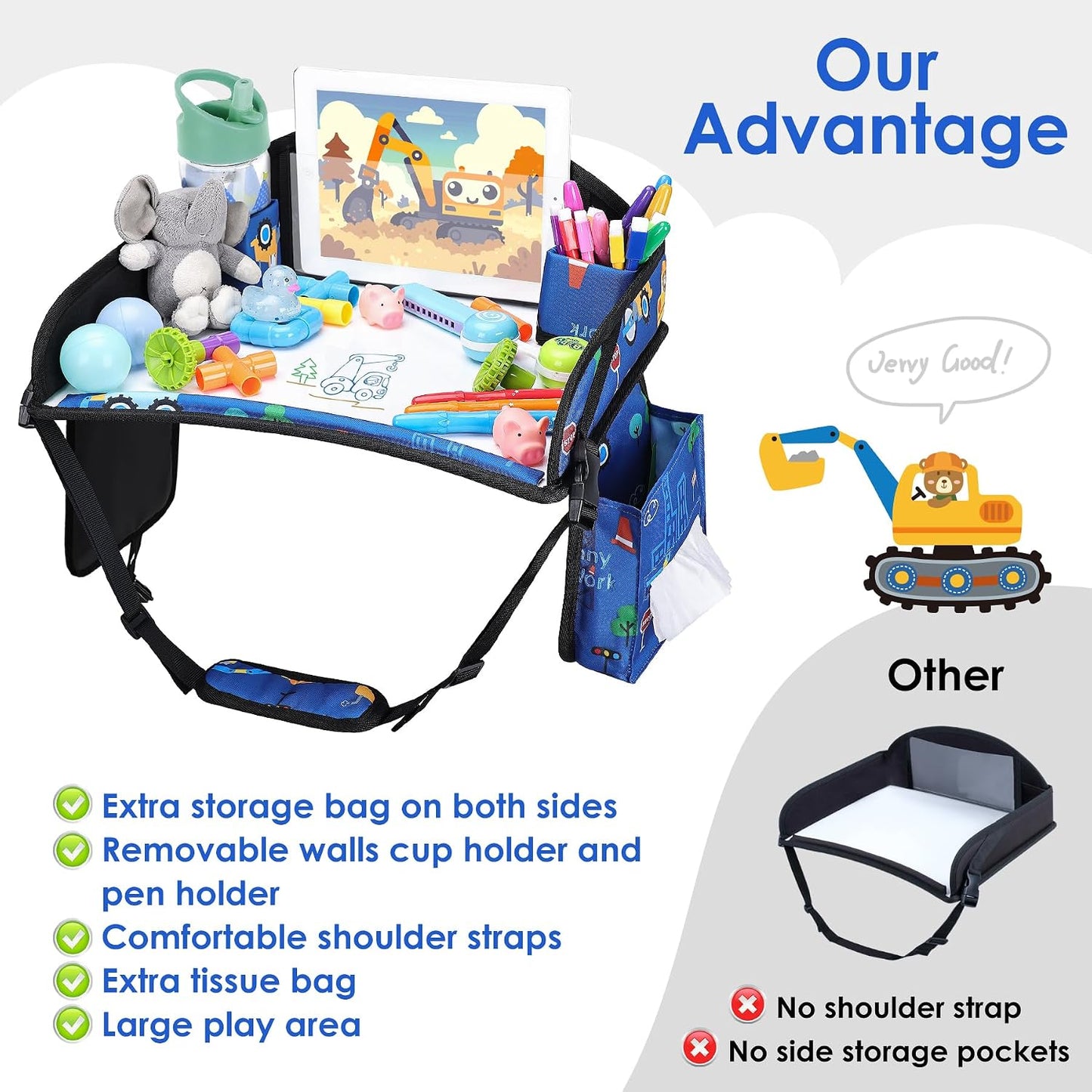 2PCS Kids Travel Tray for Airplane - Toddler Car Seat Table Tray, Road Trip Essentials for Boys & Girls, Carseat Lap Desk for Kids Road Trip Activities (Dark Blue Car/Purple Mermaid)