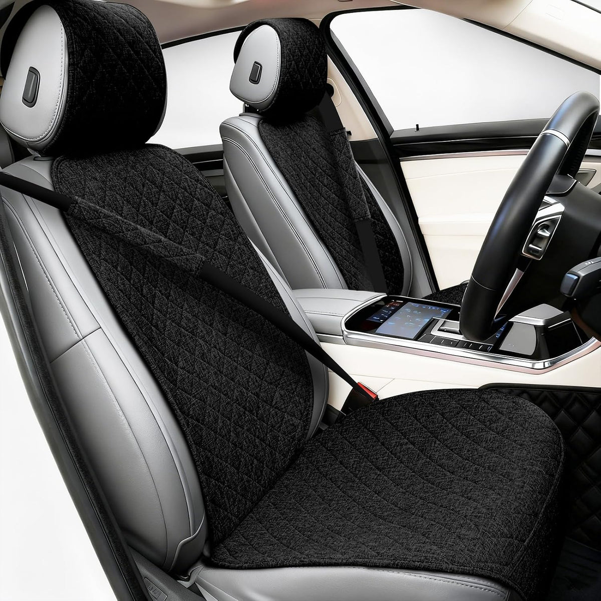 Partsable 2PCS Linen Car Seat Covers Front Seats,Breathable Cloth Fabric Car Seat Protector - Universal Cloth Seat Covers Fit for Cars, Vans, SUVs, Trucks and for All Seasons - Black