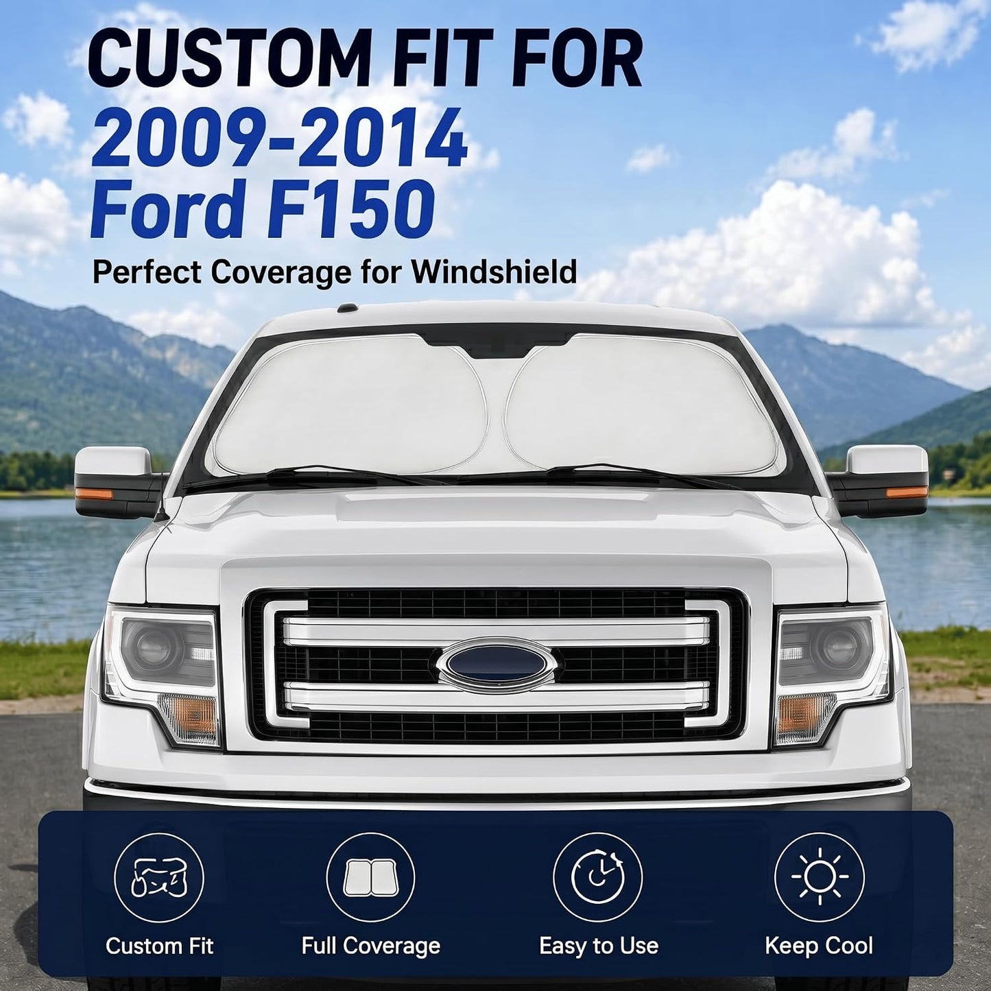 Car Sun Shade for 2009-2014 Ford F150 Accessories Windshield Sunshade Cover Front Window Shade Custom Fit F150Sun Visor Protector Foldable Blocks UV Rays