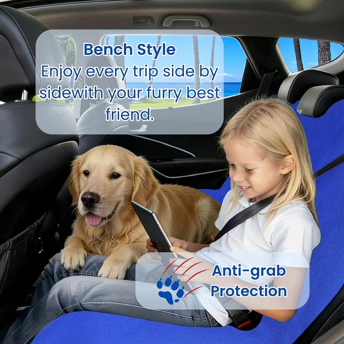 Waterproof Car Seat Cover for Front Seats, Protector for Cars SUVs Trucks, Sweat Towel Seat Covers Bucket for Gym,Workout,Beach,Hiking,Running(Blue,Rear Bench Seat Towel)