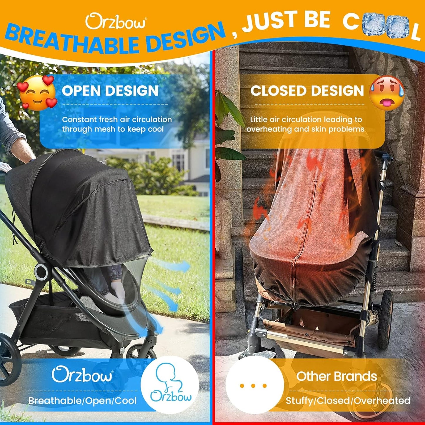 Orzbow Baby Mosquito Net for Stroller with Sun Shade, Breathable, Black | Tear-Resistant Mesh, Insect Barrier w/Travel Bag for Stroller, Car Seat, Bassinet, Cradle, Mini Cribs, Baby Summer Essential