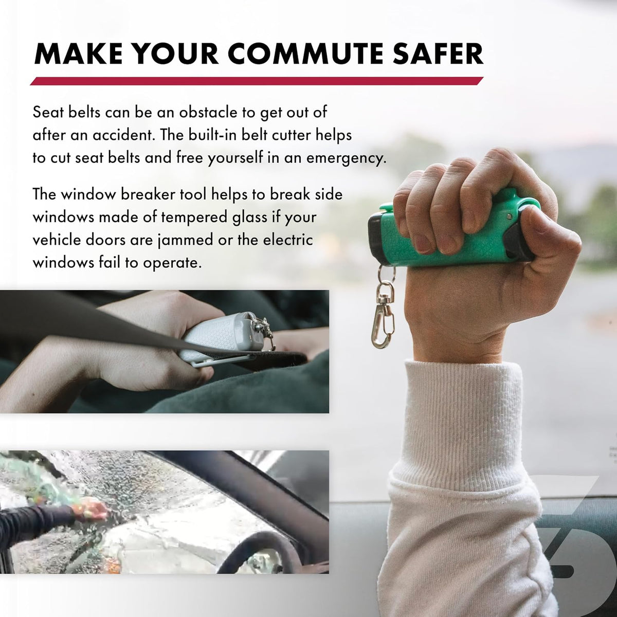 SABRE Auto Safe Escape Pepper Gel Spray with Seat Belt Cutter & Window Glass Breaker for Automotive Safety - Max Strength, Fast Flip-Top Safety, Snap-Clip Keychain, 10 Sec. Spray Time, 0.54 fl oz