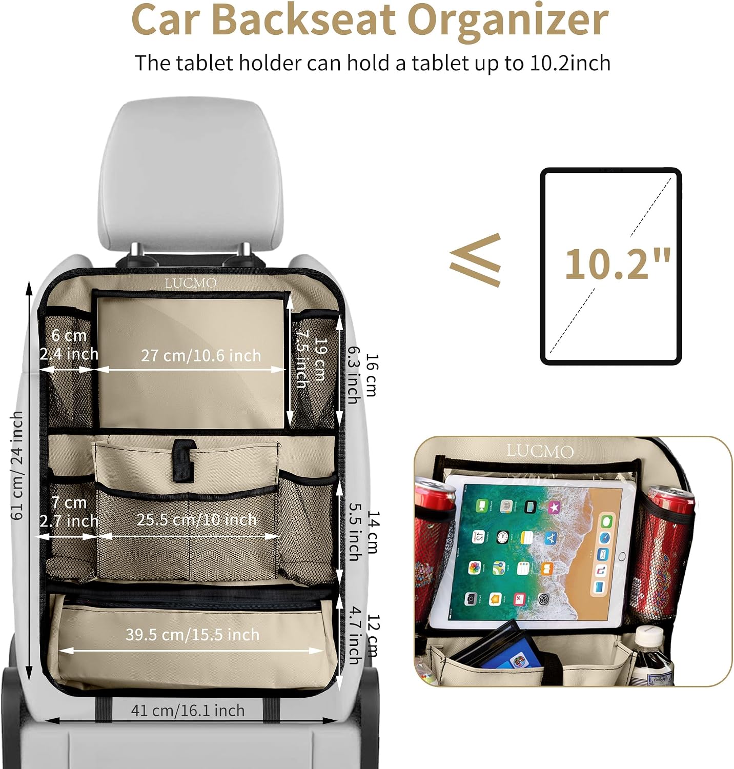 LUCMO Car Backseat Organizer with Touch Screen Tablet Holder, Beige | 2 Pcs,9 Storage Pockets,Clear Tablet Holder,Protectors Kick Mats,Travel Accessories,Seat Cover,Road Trip Essentials