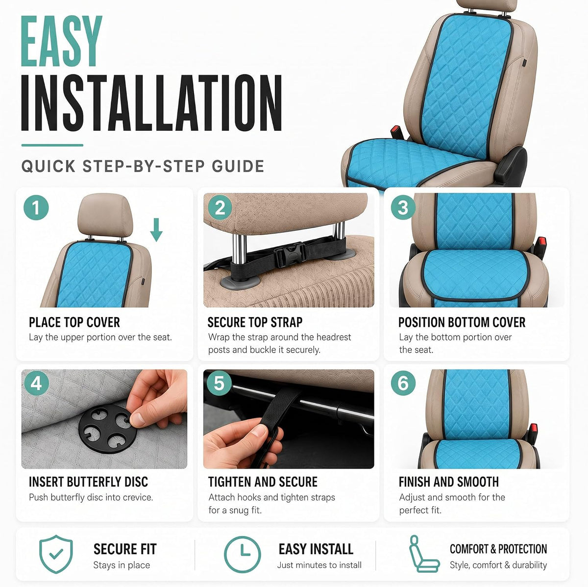 FH Group Car Seat Cushion – Neosupreme Single Front Seat Cover with Front Pockets, Airbag Compatible, Universal Fit Car Seat Cushion for Driver or Passenger Seat, SUV, Truck, Sedan & Van – Aqua
