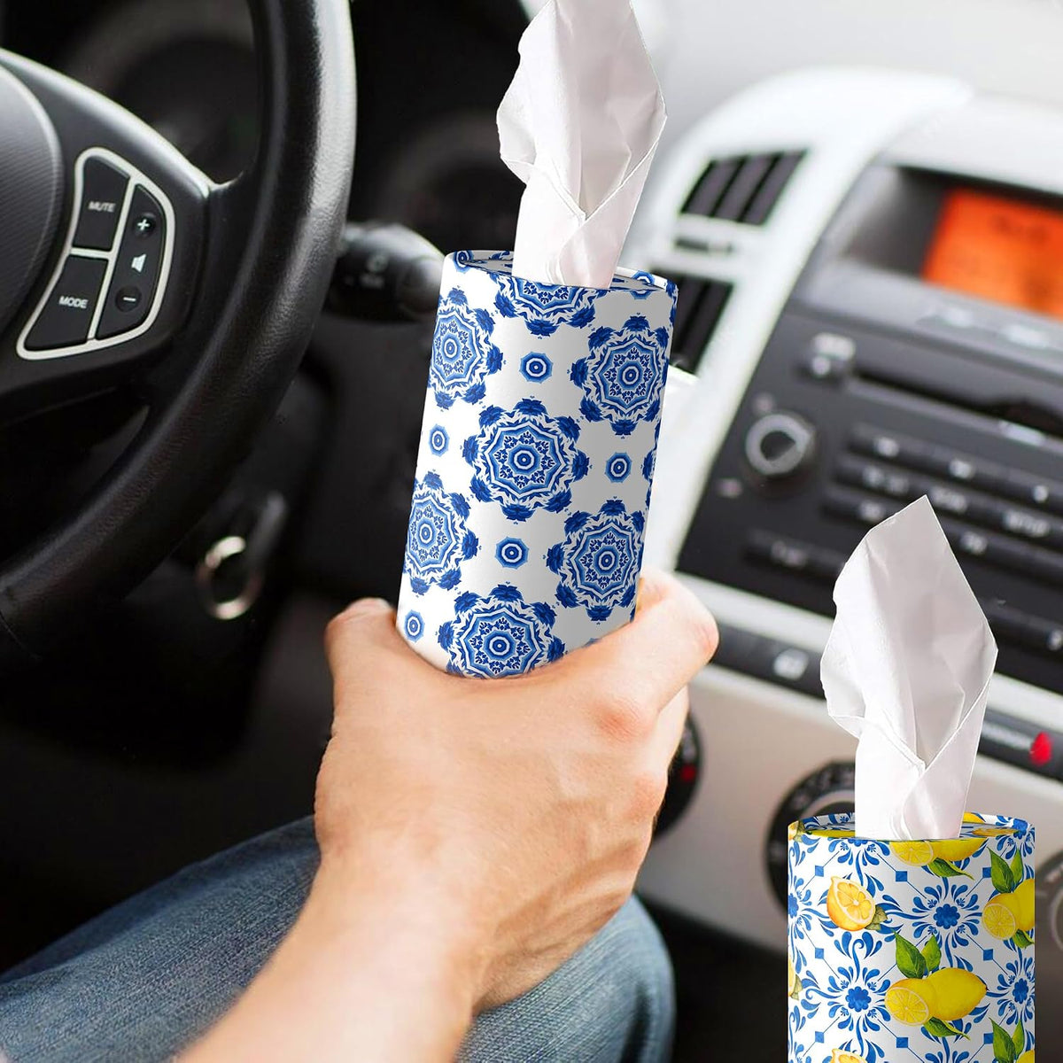 4 Pcs Capri Lemon Round Tissues Box Car Holder Set - Blue & White Mediterranean Lemon Travel Tubes for Car with 50 Sheets Cylinder Face Towel Containers | 2.7" x 7.1" Cup Holder Fit, 4 Unique Designs