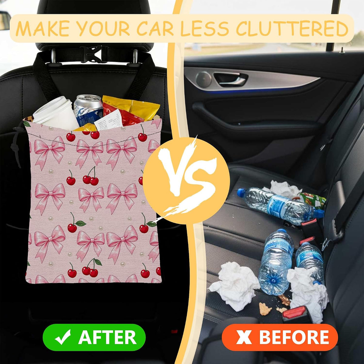 Car Trash Bag Waterproof Hanging Car Garbage Bag Pink Bow Cherry