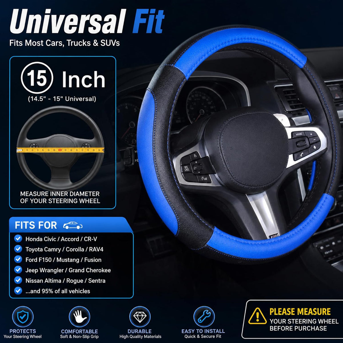 SHIAWASENA Microfiber Leather Car Steering Wheel Cover 15 Inch Black&Blue