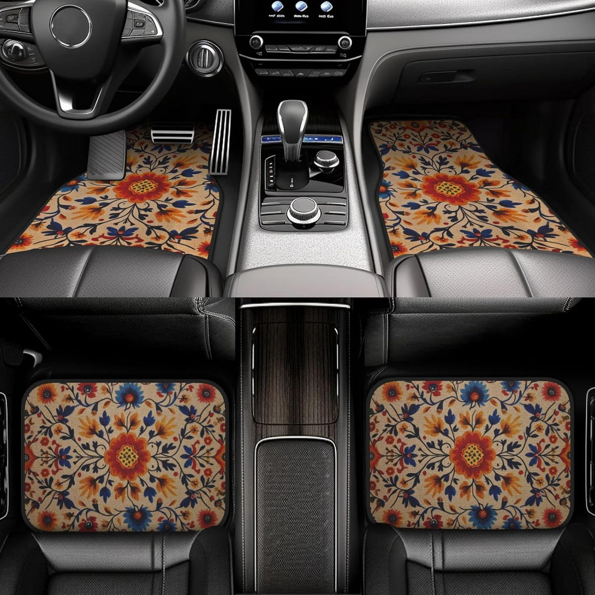 Nyverzd Luxury Car Floor Mats Full Set | Car Decor for Men Women | Vintage Floral Boho Pattern | Heavy Duty All-Weather Universal Rubber Liners | Non-Slip & Odor-Free