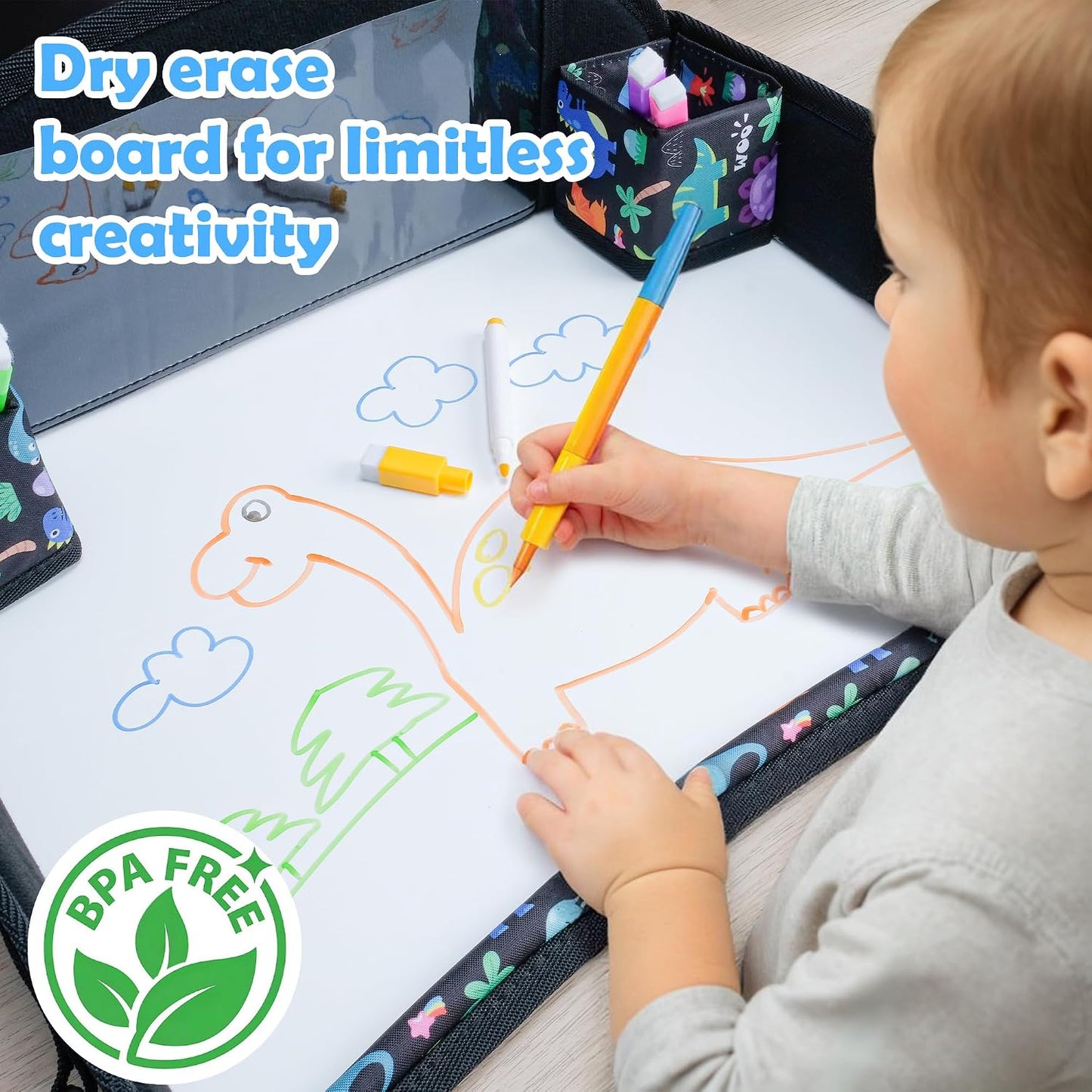 2Pcs Kids Travel Tray for Toddler Carseat, Road Trip Activities Essentials for Toddler, Kids Lap Desk Tray with Tablet Holder Stand ＆ Dry Erase Board (Dinosaur & Mermaid)