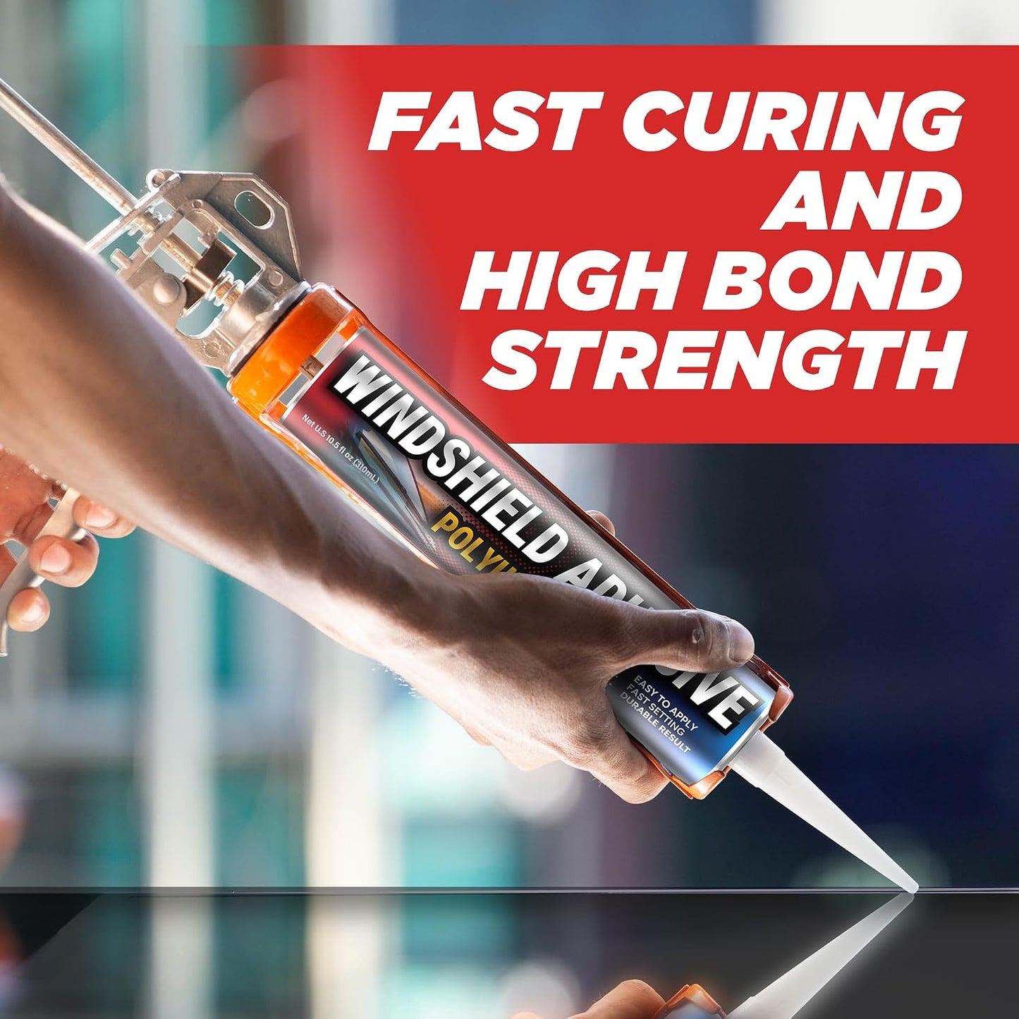 Urethane Windshield Adhesive - Quick Curing & Weather Resistant Auto Glass Adhesive, Vertical & Overhead Application, Windshield Repair Kit with Gloves, Applicator Tip & Cartridge - 310ml Black