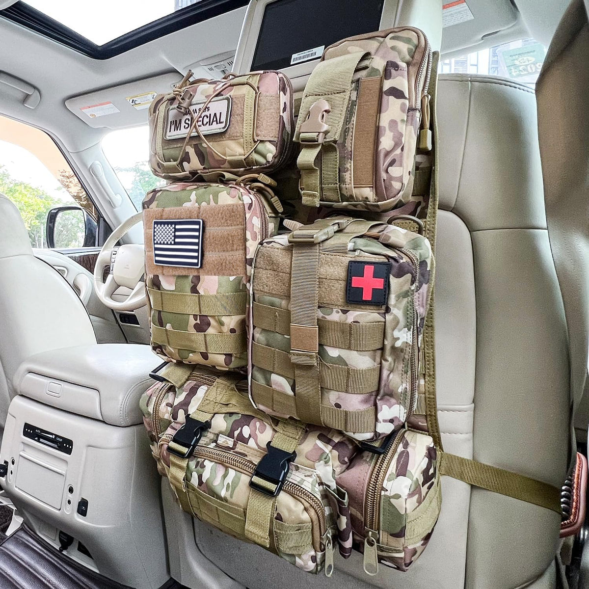 Tactical Vehicle Seat Back Organizer, Universal Tactical Seat Cover Molle Panel with 5 Detachable Pouches - Medical, Phone, Admin Storage Bags Fit for Jeep Truck Car Camping Off Road (CP Camo)