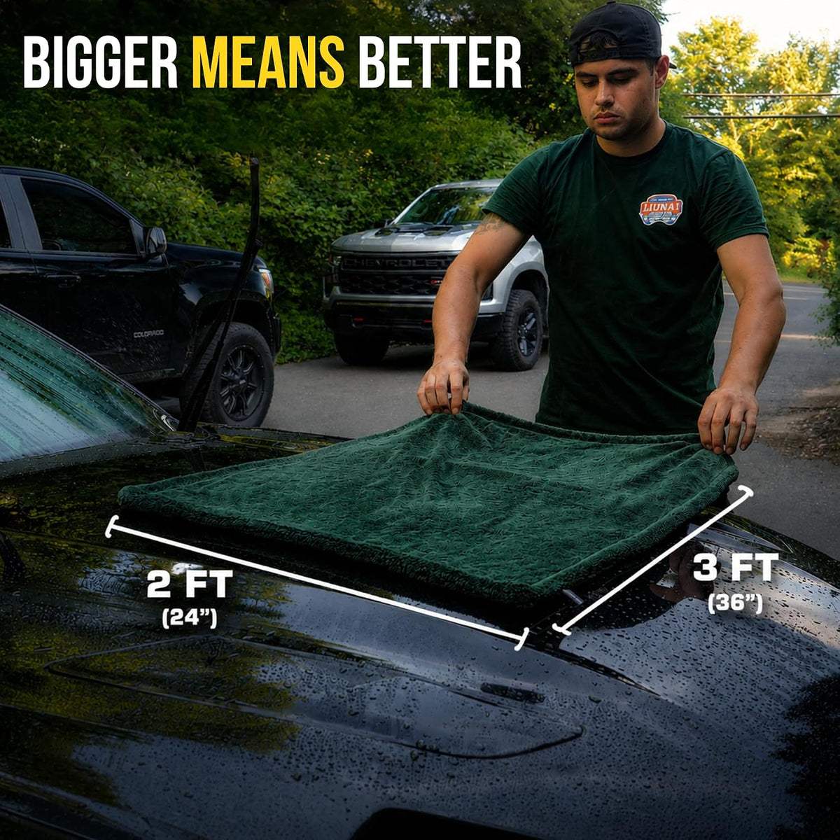 Big Buck Microfiber Car Drying Towel, 1400 GSM Large Car Wash Towel, Ultra Absorbent and Streak-Free, Lint Free Use, Dark Green 36" x 24" Drying Cloth