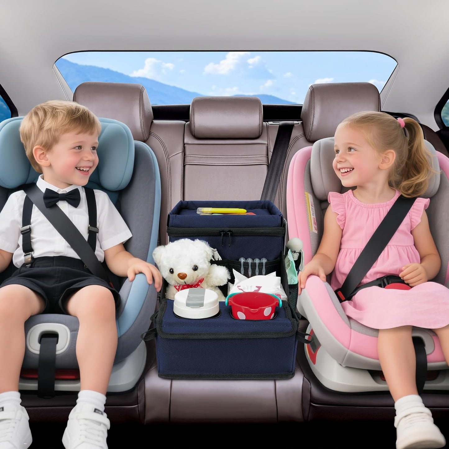 Backseat Organizer for Kids & Adults – Car Seat Cooler Warmer with 2-in-1 Writing Tray, Cup Holders & 11 Storage Compartments | Road Trip Car Organizer for Front & Back Seat (Black) (Navy Blue)