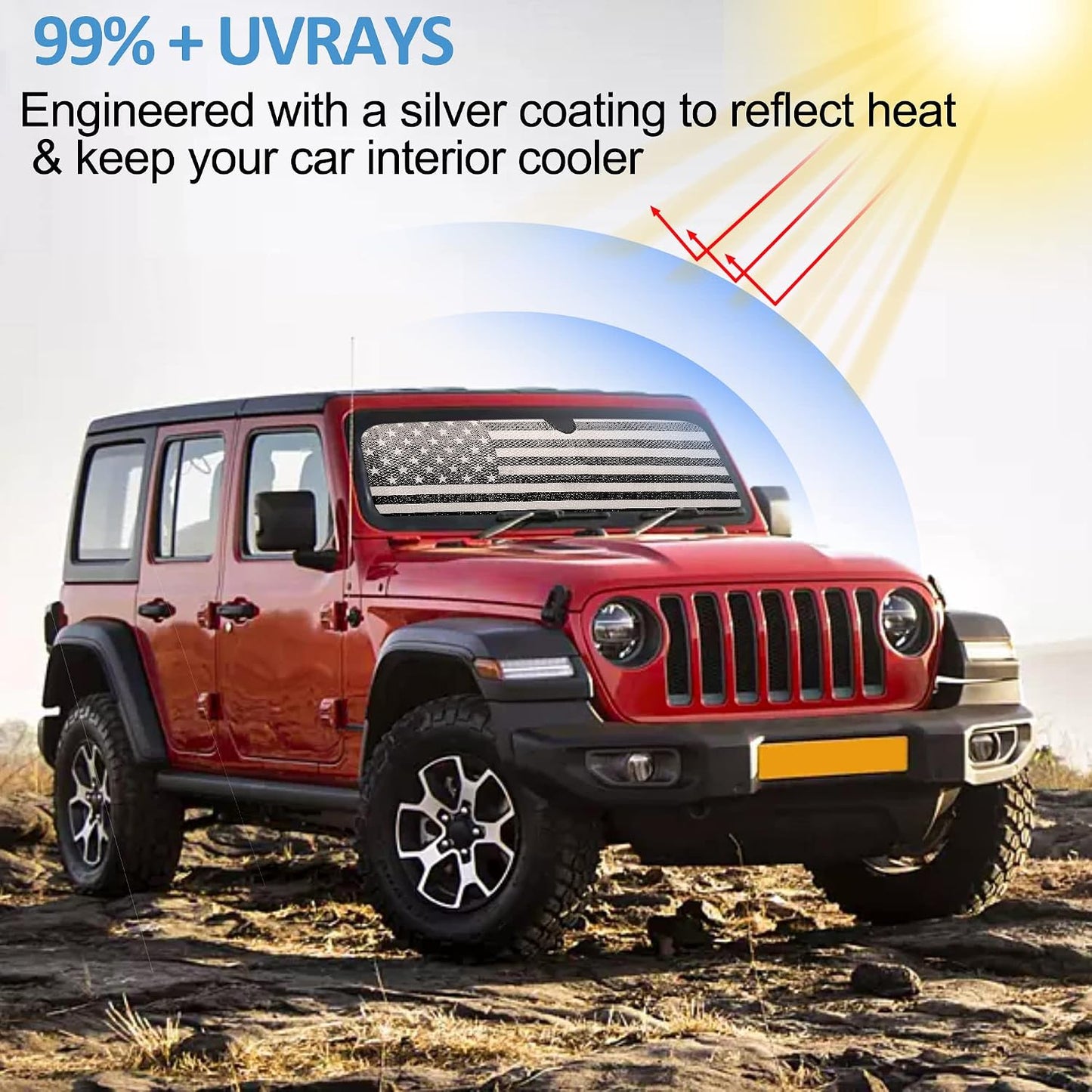 Litivy Windshield Sun Shade Compatible with Jeep Wrangler JK JKU JL JLU 1997-2023 & Jeep Gladiator JT 2020-2023 16.5"x52.5" Folding Front Window Sun Shade for Car Accessories (American Flag)