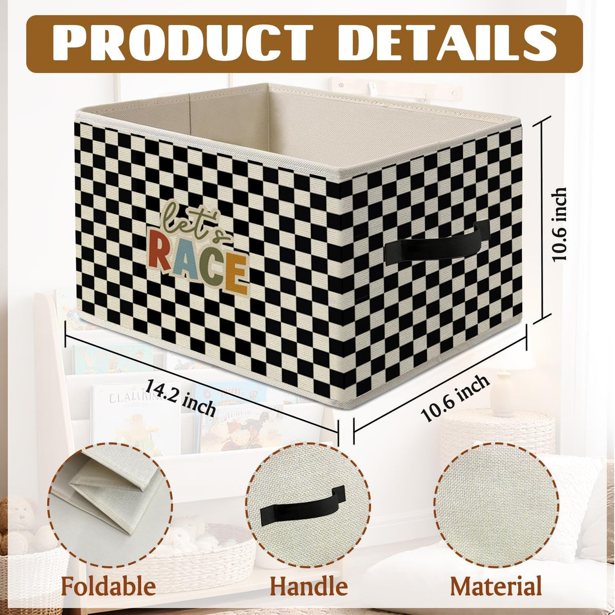Race Car Room Decor,Playroom Storage Bins Box | Let's Race Checkered Foldable Collapsible Storage Basket Organizer for Kids Boy Nursery Bedroom Toys Books Clothes