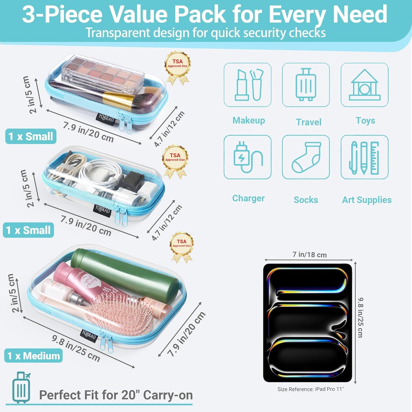6 Pack Blue Clear Hard Shell Beauty Organizer (2M+4S), 1.2mm Heavy Duty Crush-Proof Cosmetic Case, Reinforced YKK Zippers, Stadium Approved Security Bag for Skincare & Electronics, Multi-Size Set