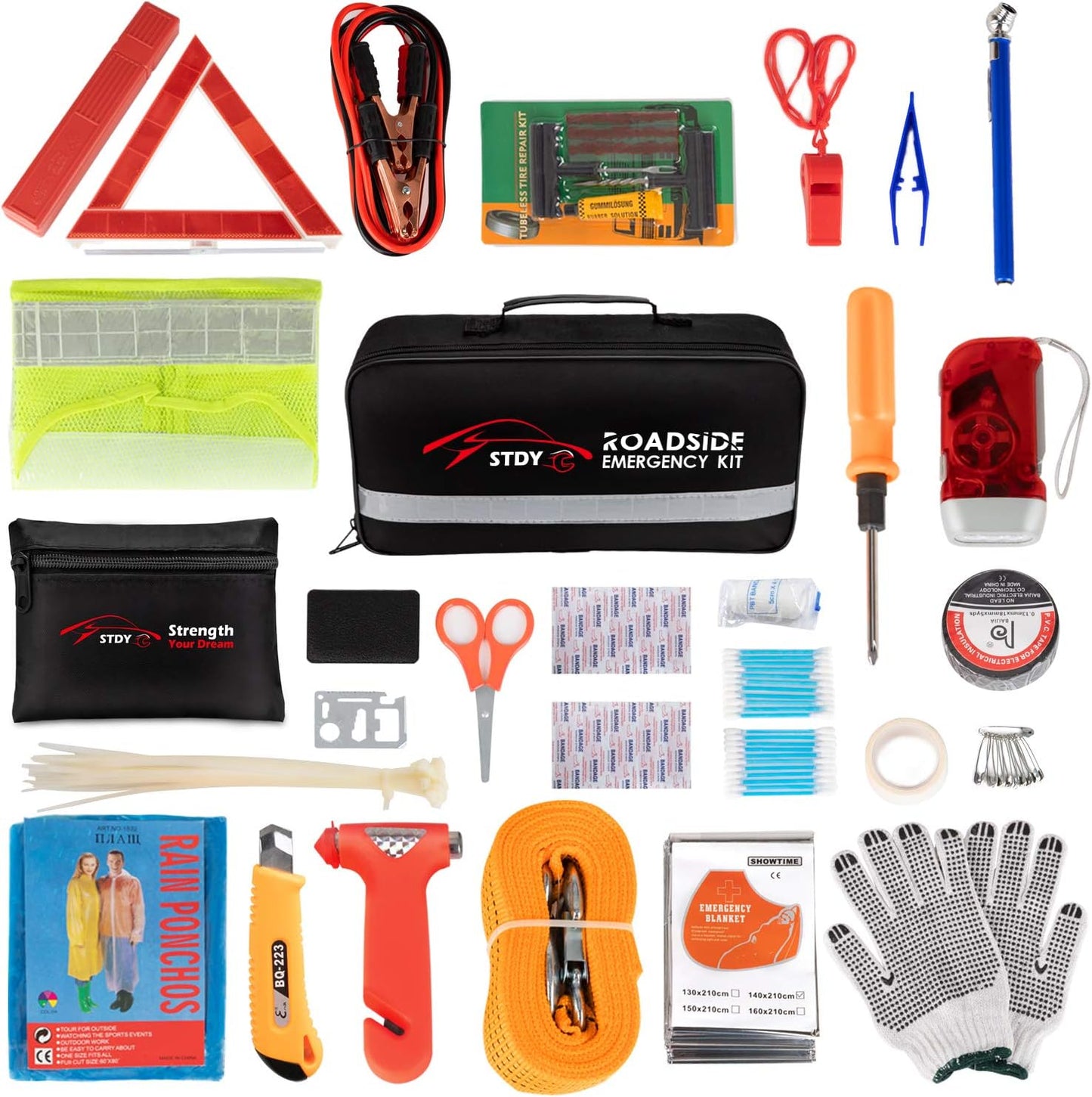 STDY Car Roadside Emergency Kit, Vehicle Truck Safety Road Side Assistance Kits Auto Accessory, with Jumper Cables, Tow Rope, Reflective Triangle, Tire Pressure Gauge, etc