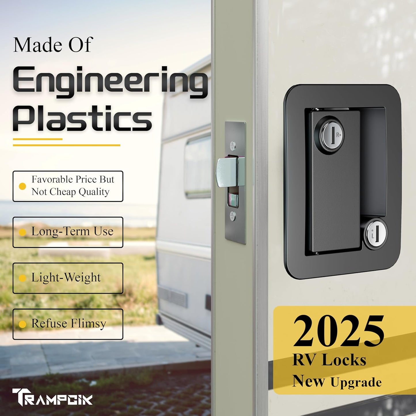 Engineering Plastic Camper Door Lock, RV Door Lock Replacement, Fit 3.65" x 2.95" Hole, for Motorhome,RV Camper,Entrance Front Door, 1 Lock+4 Key Aliked