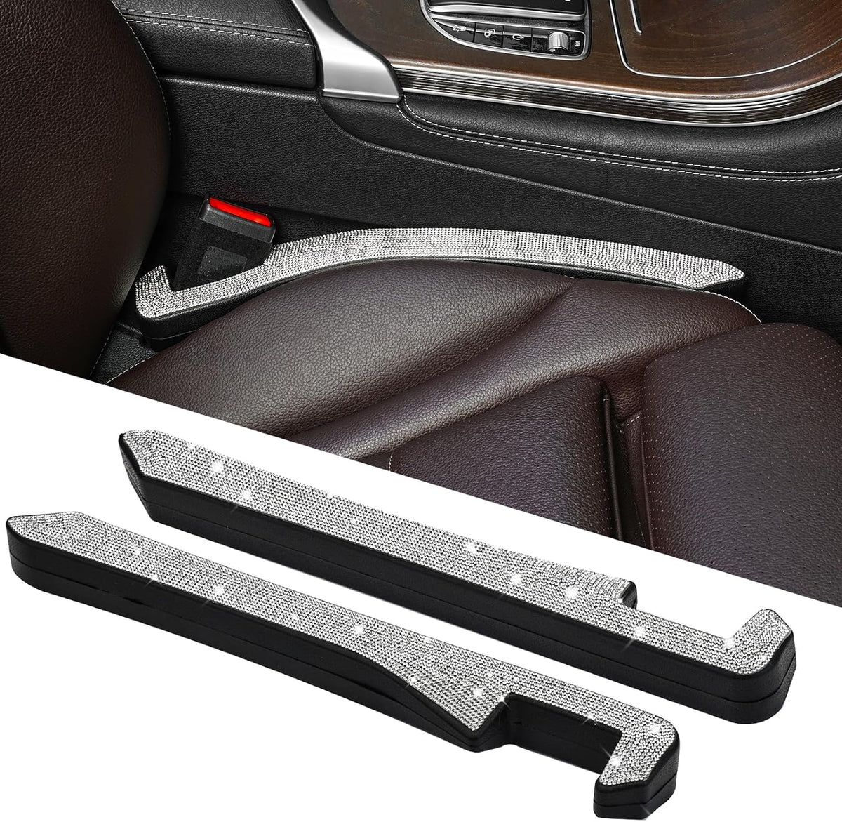 2 Pack Sparkly Diamond Car Seat Gap Filler Universal Gap Filler for Car SUV and Truck Fit Between Seats and Console Stop Things from Dropping (White)