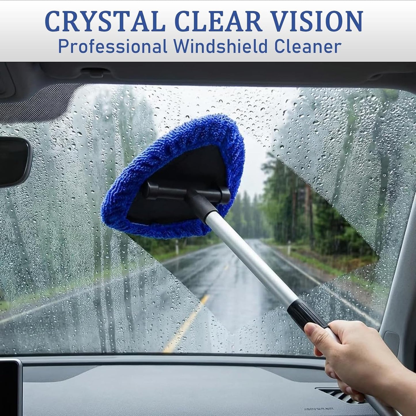 Car Windshield Cleaner Tool (2-Pack) with Extendable Handle, Inside Auto Window Glass Cleaning Kit with 8 Washable Microfiber Pads & Spray Bottle, Streak-Free Defogger Wand for Deep Dashboards
