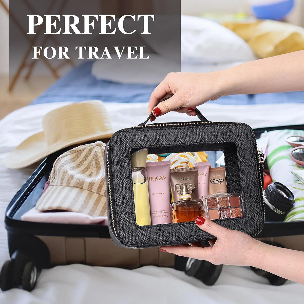 Pinkmik Clear Makeup Bag with Brush Bag, (Black, L+SLIM)