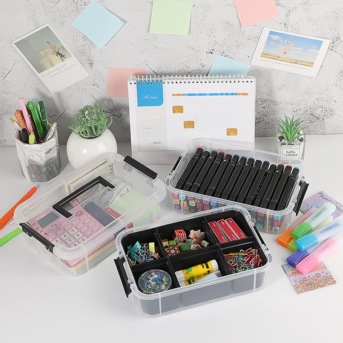 JUXYES 3-Tiers Plastic Stack Carry Storage Containers Box wih Handle Lids | 2 Pack Clear Stackable Craft Organizers and Storage Bin with Tray for Organizing Stationery, Sewing, Art Craft, DIY Supplies