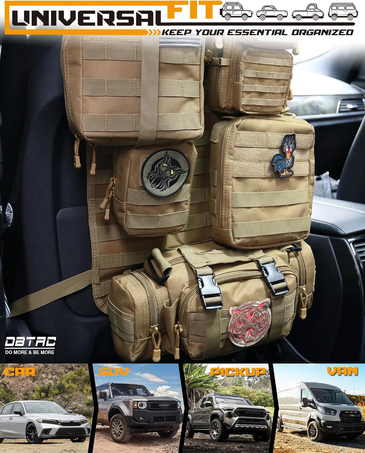 DBTAC Tactical Molle Car Seat Organizer | Vehicle Back Panel with 5X Detachable Pouches, US Flag & Writable Reflective Patch for Cars, Trucks, SUVs, Sedans