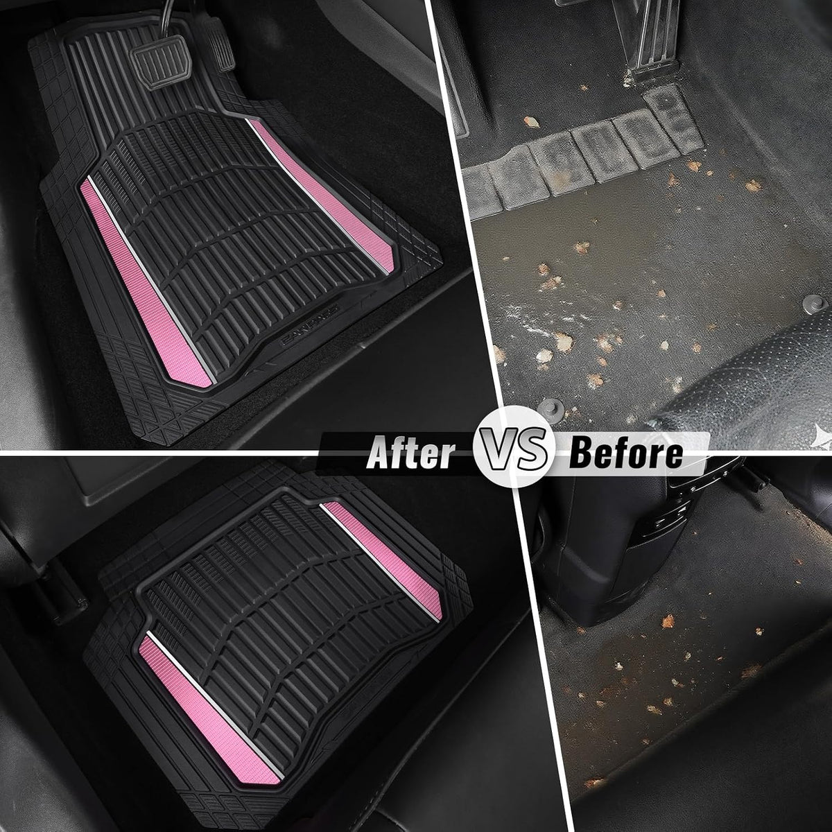 CAR PASS Heavy Duty Rubber Car Floor Mats, Deep Waterproof Car Floor Mats All Weather, Aluminum Film Floor Mats for Cars Non-Slip Universal Trim to Fit for SUVs Trucks Sedans Vans, Black Pink Metallic
