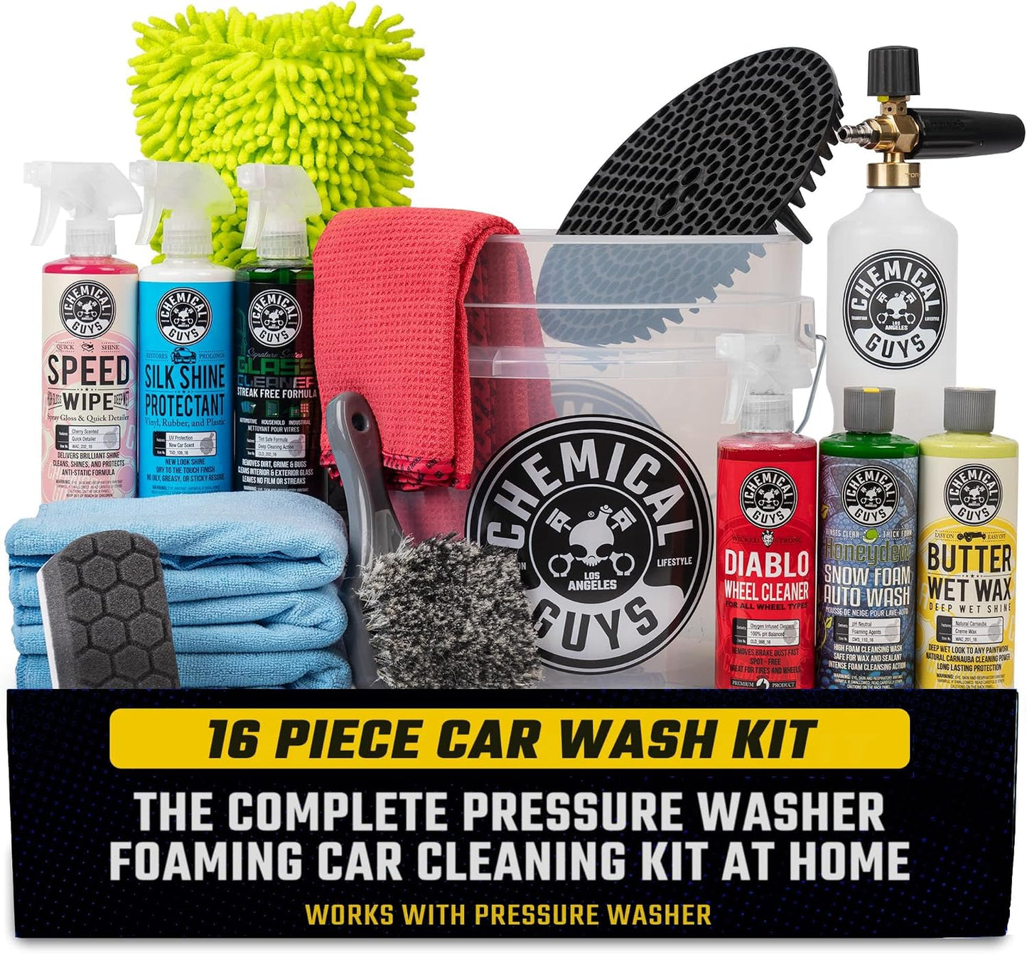 Chemical Guys, 16-Piece Arsenal Builder Car Wash Kit, Foam Cannon & Bucket | Foam cannon, bucket and six 16 oz care chemicals for a complete wash, works with any pressure washer
